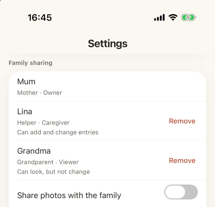 The family card in Settings: Mum as Owner, Lina the helper as Caregiver, and Grandma as Viewer, with what each can do.