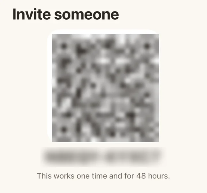 The invite screen: a QR code and a short code.