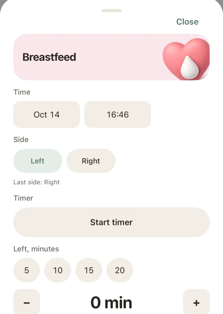 The breastfeed sheet: side, minutes, or a timer.